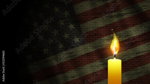 Vector mournful burning wax candle on the background of a dark wavy flag of USA with a brick wall structure. Wallpaper or poster