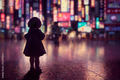 Illustratrive picutre of a little girl in futurist Tokyo town. Blurred background. Digital art. 3D render. photo