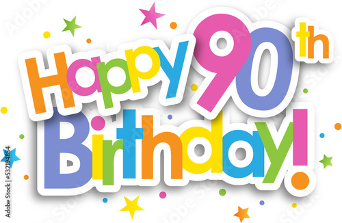 Colorful HAPPY 90th BIRTHDAY! banner with stars on transparent background photo