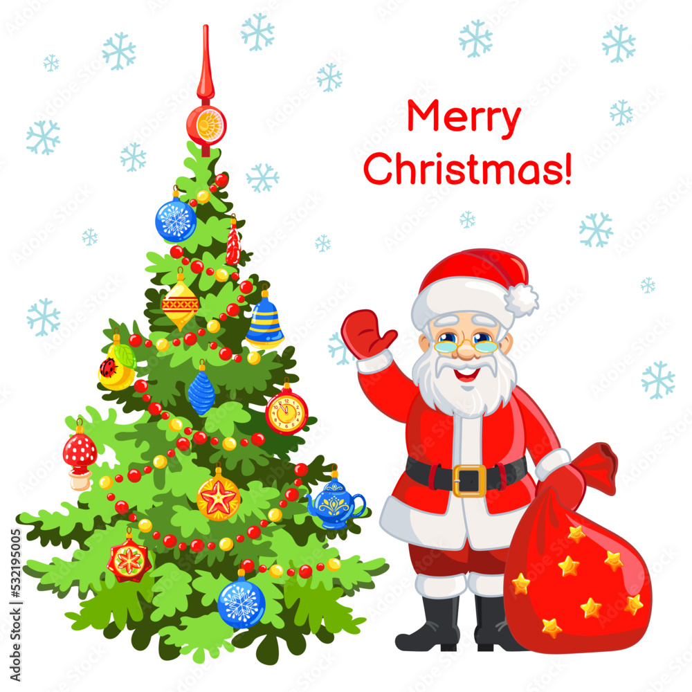 New Year's set with traditional characters: cheerful Santa Claus, Christmas tree, bag with gifts New Year's set with traditional characters: cheerful Santa Claus, Christmas tree, bag with gifts