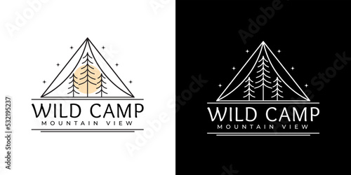 Mountain wild camp logo. Pine evergreen fir pinus tree forest. Simple line art logo vector.