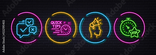 Quick tips, Online voting and Brand ambassador minimal line icons. Neon laser 3d lights. Vip timer icons. For web, application, printing. Helpful tricks, Internet chat, Megaphone. Vector