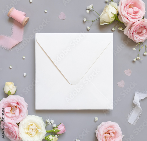 Blank square envelope between pink roses and pink silk ribbons on grey top view, wedding mockup