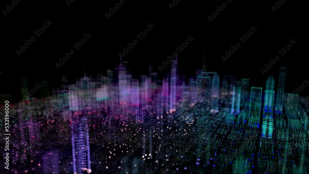 Skyscrapers from glowing neon particles and blue lights. Digital visualization 3d technology. Seamless loop 4k video.