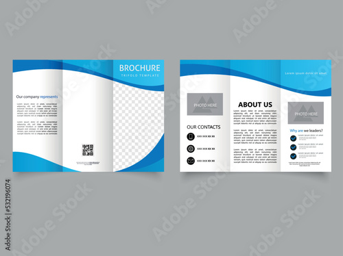 Tri fold brochure with blue waves. Flyer for printing.