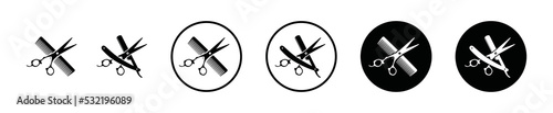 Crossed scissors and hair comb, scissors and razor to cut hair and beard and mustache sign symbol icon barber shop logo vector set