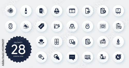 Set of Business icons, such as Beer bottle, Car leasing and Refrigerator flat icons. Blog, Delivery service, Inclusion web elements. Smartphone cloud, Click here, Touchscreen gesture signs. Vector