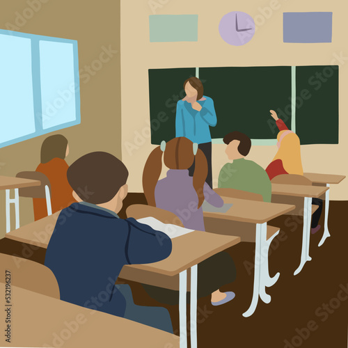 Vector illustration of students with a teacher in the lesson.