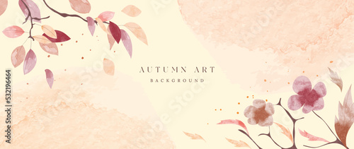 Autumn foliage in watercolor vector background. Abstract wallpaper design with leaf branches, wild flowers, floral, leaves. Botanical in fall season illustration suitable for fabric, prints, cover.