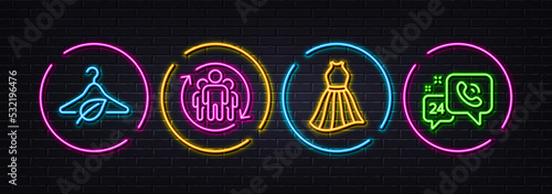 Slow fashion, Teamwork and Dress minimal line icons. Neon laser 3d lights. 24h service icons. For web, application, printing. Eco tested, Employees change, Female skirt. Call support. Vector