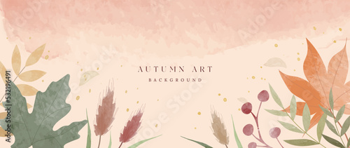 Autumn foliage in watercolor vector background. Abstract wallpaper design with maple leaves  branches  wild grass  berry. Botanical in fall season illustration suitable for fabric  prints  cover.