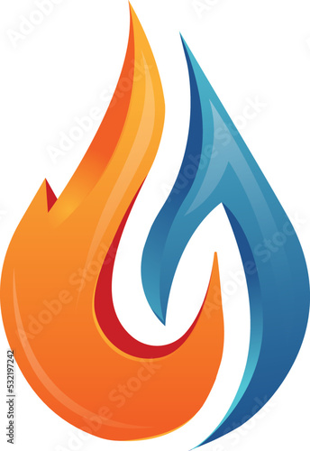 Fire water 3d logo icon. Creative heating and cooling element. Flame drop vector. Hot and cold icon