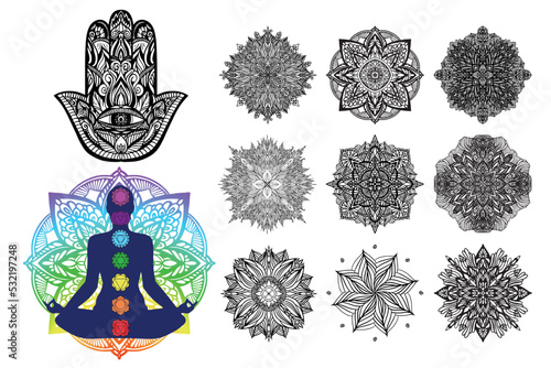 Big set with elements of Indian culture. Hanuman in Lotus yoga posses, chakras, hamsa, mandala. Hamsa for luck.