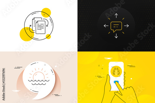 Minimal set of Bureaucracy, Sms and Sunset line icons. Phone screen, Quote banners. Group people icons. For web development. Documents workflow, Conversation, Sunny weather. Business meeting. Vector