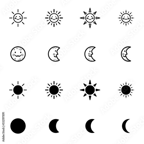 Conjunto de iconos de sol y luna de diferentes estilos. Ilustración vectorial