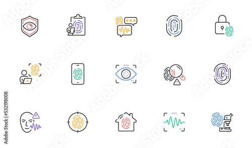 Biometric line icons. Fingerprint access, Eye biometric and Voice recognition. Detect identity, Check finger access and Scan eye or voice icons. Identify user by fingerprint, secure id. Vector