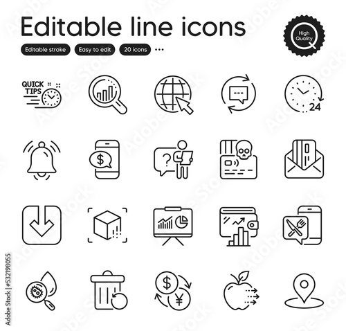 Set of Technology outline icons. Contains icons as Load document, Cyber attack and Presentation elements. Wallet, Seo analysis, Update comments web signs. Quick tips, Search employee. Vector