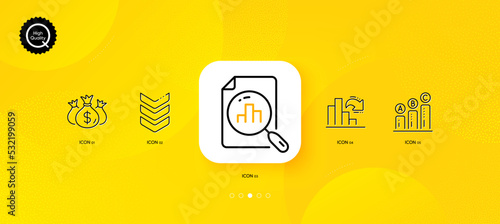 Analytics graph, Check investment and Graph chart minimal line icons. Yellow abstract background. Shoulder strap icons. For web, application, printing. Chart report, Business report, Army rank. Vector