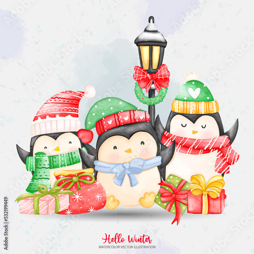 Watercolor Three Penguins with scarf. Christmas Vector illustrations Element