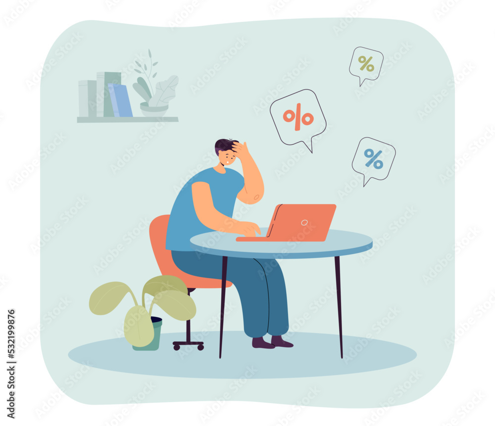 Customer ordering goods from home using discounts. Man buying products or clothes via laptop flat vector illustration. Online shopping, sale concept for banner, website design or landing web page Customer ordering goods from home using discounts. Man buying products or clothes via laptop flat vector illustration. Online shopping, sale concept for banner, website design or landing web page