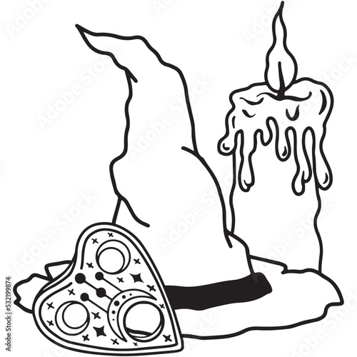 Hand drawn magical composition of a candle, a ouija board and a witch's hat