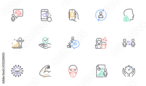 Lawyer, Heart rating and Teamwork business line icons for website, printing. Collection of Cleaning, Strong arm, Baggage app icons. Delegate work, Timer, Unlock system web elements. Vector