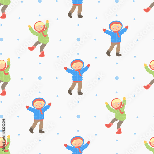 Seamless happy cartoon kids pattern with winter dressed happy little kindergarten kids vector pattern on white background. For bed linen and wrapping or holiday gift paper. 
