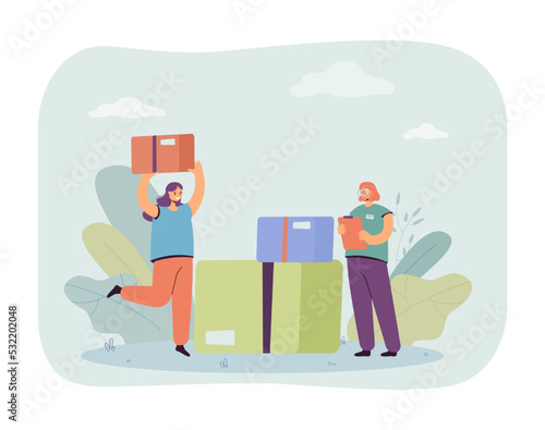 Warehouse worker and woman putting package on stack of boxes. Girl controlling inventory flat vector illustration. Delivery service, storage concept for banner, website design or landing web page
