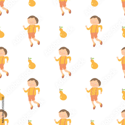 Seamless happy cartoon kids pattern with running and smiling little kindergarten boy vector pattern with orange pear on white background. For bed linen and wrapping or holiday gift paper.