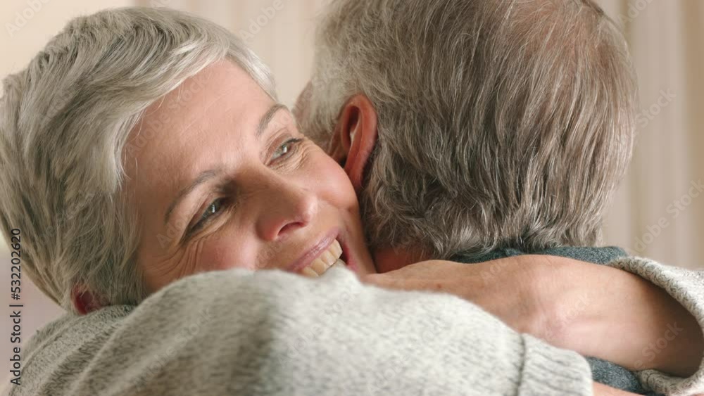 Love, couple and face with a senior woman hugging a man in their home and feeling excited together. Joy, retirement and romance with an elderly wife and husband embracing in their house with a smile Love, couple and face with a senior woman hugging a man in their home and feeling excited together. Joy, retirement and romance with an elderly wife and husband embracing in their house with a smile