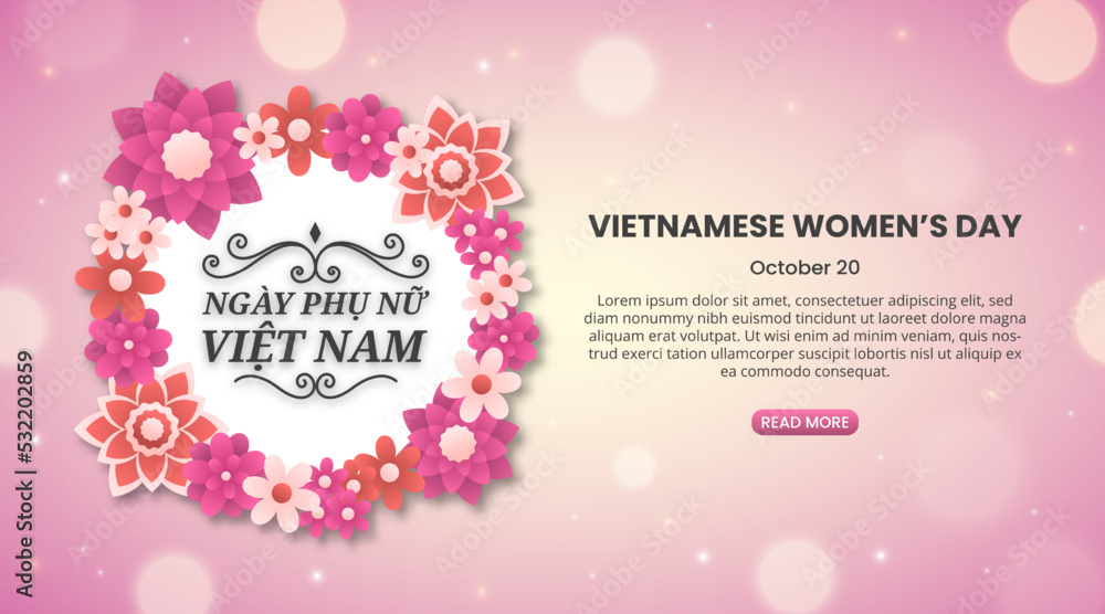 Ngày phụ nữ việt nam or Vietnamese womens day background with a flower decoration and pink outer space with stars