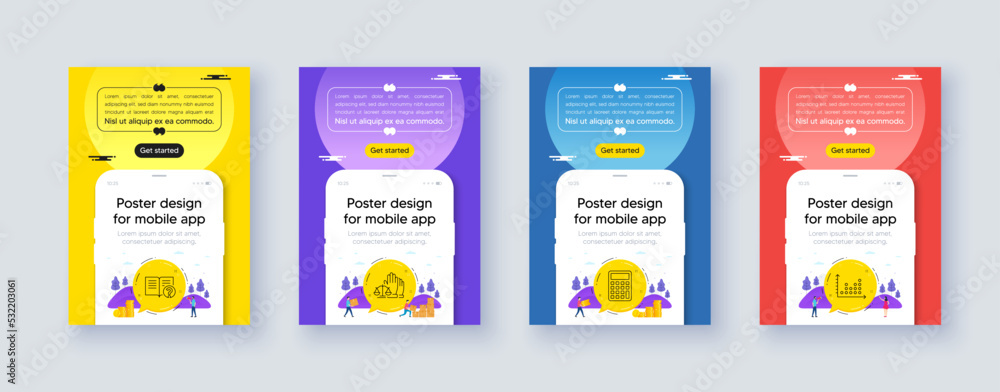 Simple set of Court jury, Calculator and Help line icons. Poster offer design with phone interface mockup. Include Dot plot icons. For web, application. Vector Simple set of Court jury, Calculator and Help line icons. Poster offer design with phone interface mockup. Include Dot plot icons. For web, application. Vector
