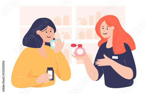 Shop assistant helping woman with choosing perfume. Cartoon girl purchasing fragrance in store or supermarket flat vector illustration. Cosmetology, beauty concept for banner or landing web page
