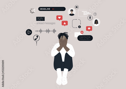 A young character surrounded with notification icons popping up in the air, overwhelming modern lifestyle