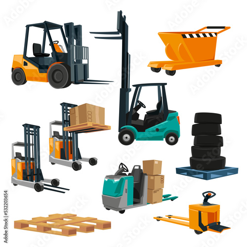 Various forklifts in warehouse cartoon illustration set. Rack depot, industrial vehicles with cardboard boxes, parcels, packages. Logistic, distribution, shipment, storage, transportation concept