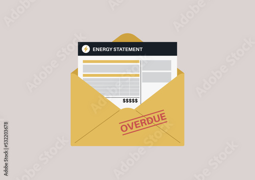 A blank paper electricity bill detailing a monthly energy consumption with a red overdue stamp