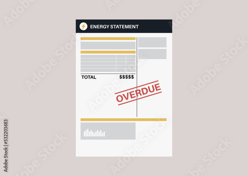 A blank paper electricity bill detailing a monthly energy consumption in a yellow envelope with a red overdue stamp