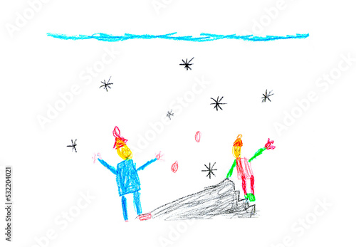 Illustration made by child of two persons on snow slide in winter time