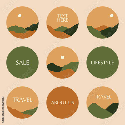 Set of landscape hand drawn social media highlight covers
