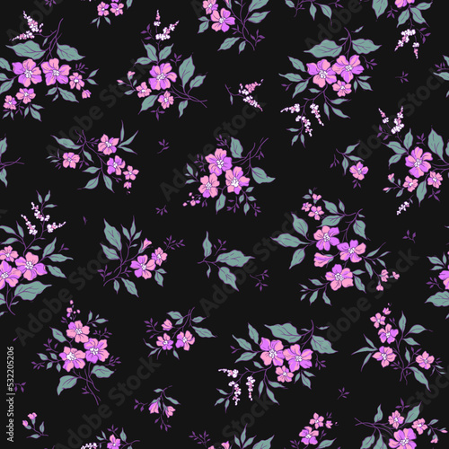 Vintage floral background. Floral pattern with small purple color flowers on a black background. Seamless pattern for design and fashion prints. Ditsy style. Stock vector illustration.