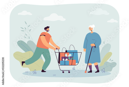 Man bringing purchases in shopping cart to old mother. Male character buying gifts for senior woman flat vector illustration. Shopping, assistance, elderly care concept for banner, website design