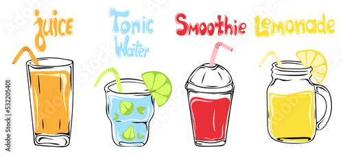 Non-alcoholic refreshing drinks. Set of hand drawn glasses of tonic water, juice, smoothie and lemonade. Vector illustration. Contour element