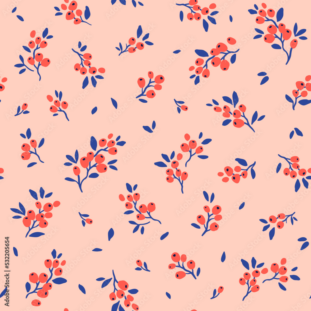 Beautiful floral pattern in small abstract berries. Small red flowers. Light pink background. Ditsy print. Floral seamless background. The elegant the template for fashion prints. Stock pattern. Beautiful floral pattern in small abstract berries. Small red flowers. Light pink background. Ditsy print. Floral seamless background. The elegant the template for fashion prints. Stock pattern.