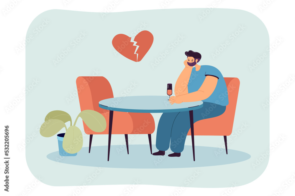 Upset man sitting at table alone and drinking alcohol. Unhappy person with broken heart after divorce flat vector illustration. Heartbreak, relationship concept for banner or landing web page Upset man sitting at table alone and drinking alcohol. Unhappy person with broken heart after divorce flat vector illustration. Heartbreak, relationship concept for banner or landing web page