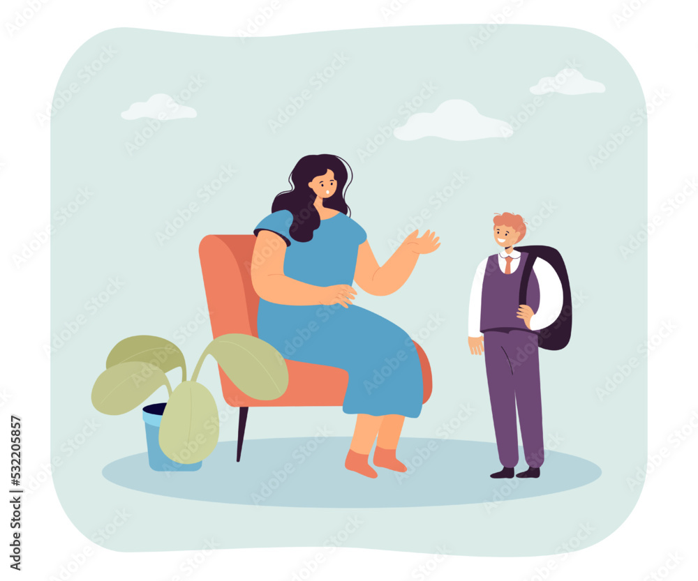 Happy schoolboy talking to mother or psychologist. Boy with backpack next to woman sitting in chair flat vector illustration. Family, education, psychology concept for banner or landing web page