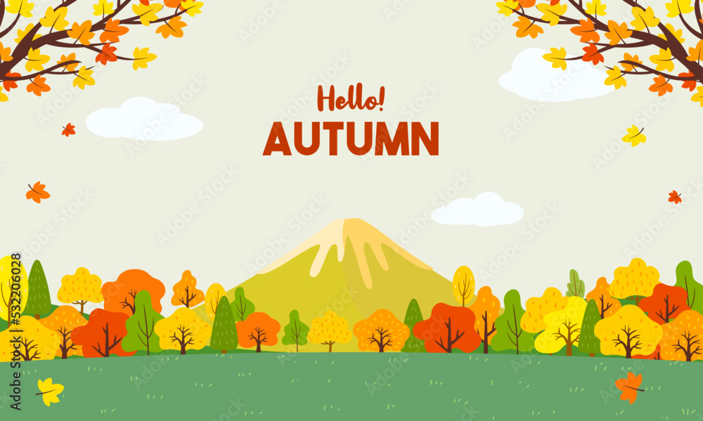 Hello Autumn in Japan background vector illustration. Beautiful autumn landscape with fuji mountain