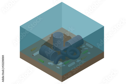 Isometric waste trash pollution in river, lake or ocean sea water and bottom. Water pollution at the bottom are tires, barrels, garbage