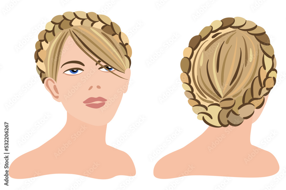 Braid around the head. Original hairstyle, front and rear view. Vector isolated illustration. Braid around the head. Original hairstyle, front and rear view. Vector isolated illustration.