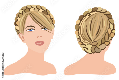 Braid around the head. Original hairstyle, front and rear view. Vector isolated illustration.