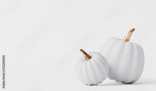 White and gold festive pumpkin with a glass frame. Halloween and thanksgiving background. 3D Rendering